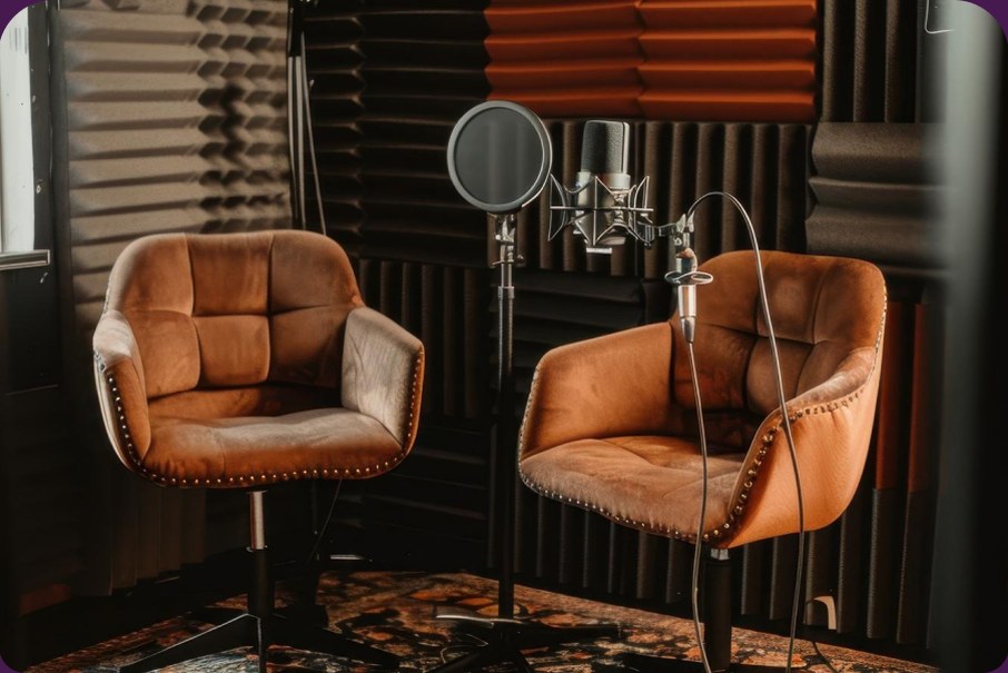 The podcast studio: two tan leather armchairs, a boom microphone and a slatted timber wall.