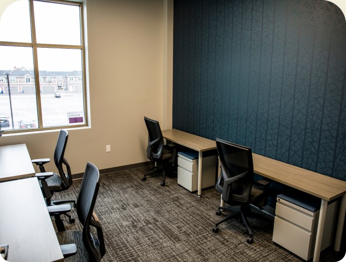 An open coworking room with desks along a window wall and a dark navy accent wall.