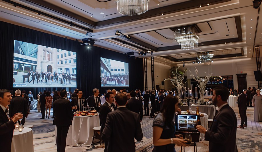 A standing reception in a hotel ballroom in front of a large video wall.