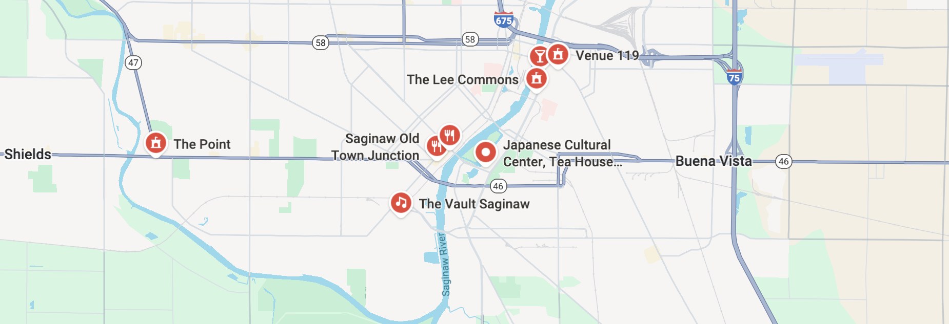 Street map of downtown Saginaw, Michigan. The venue, The Glasshouse Pavilion, is marked near the centre, between Saginaw Old Town Junction and the Japanese Cultural Center; other landmarks shown are Venue 119, The Lee Commons, The Point and The Vault Saginaw.