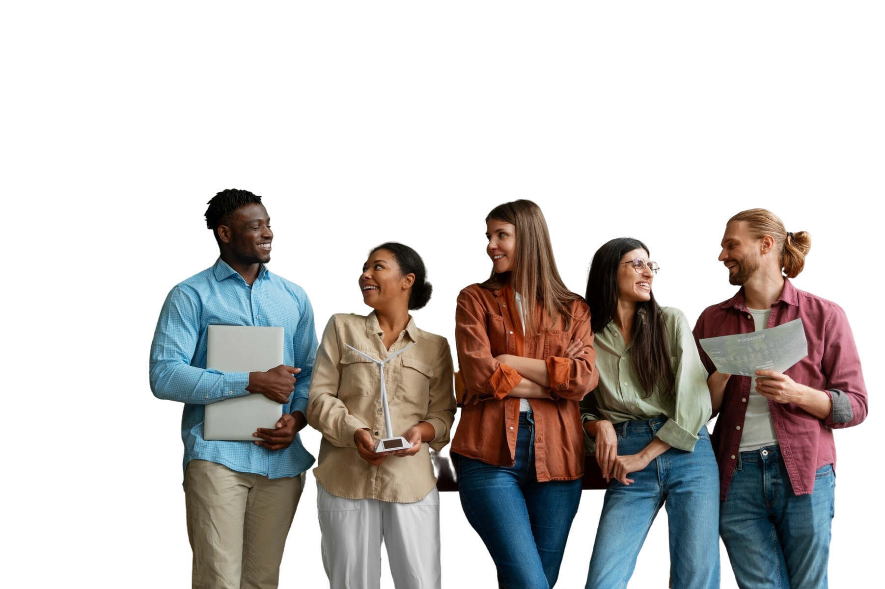 Five entrepreneurs standing side by side, talking and smiling.