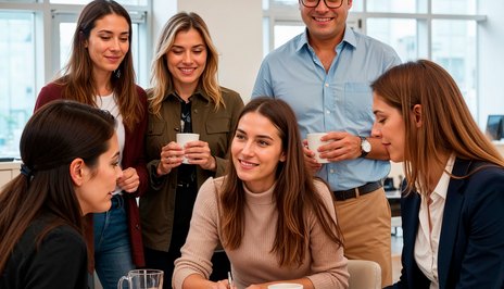 Six colleagues gathered around a desk by a bank of windows, several holding coffee cups, with a man in a light blue shirt standing behind them.