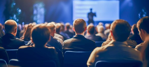 A seated auditorium of business people facing a brightly lit stage, shot from the back of the room.