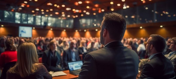 A packed conference hall photographed over the shoulder of a man in a dark suit, with a presentation screen at the front.