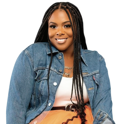 A smiling woman with long braids wearing a denim jacket over a white top.